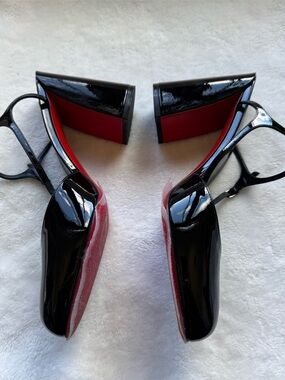 Christian Louboutin Black Patent Red Sole Block Heel Pumps